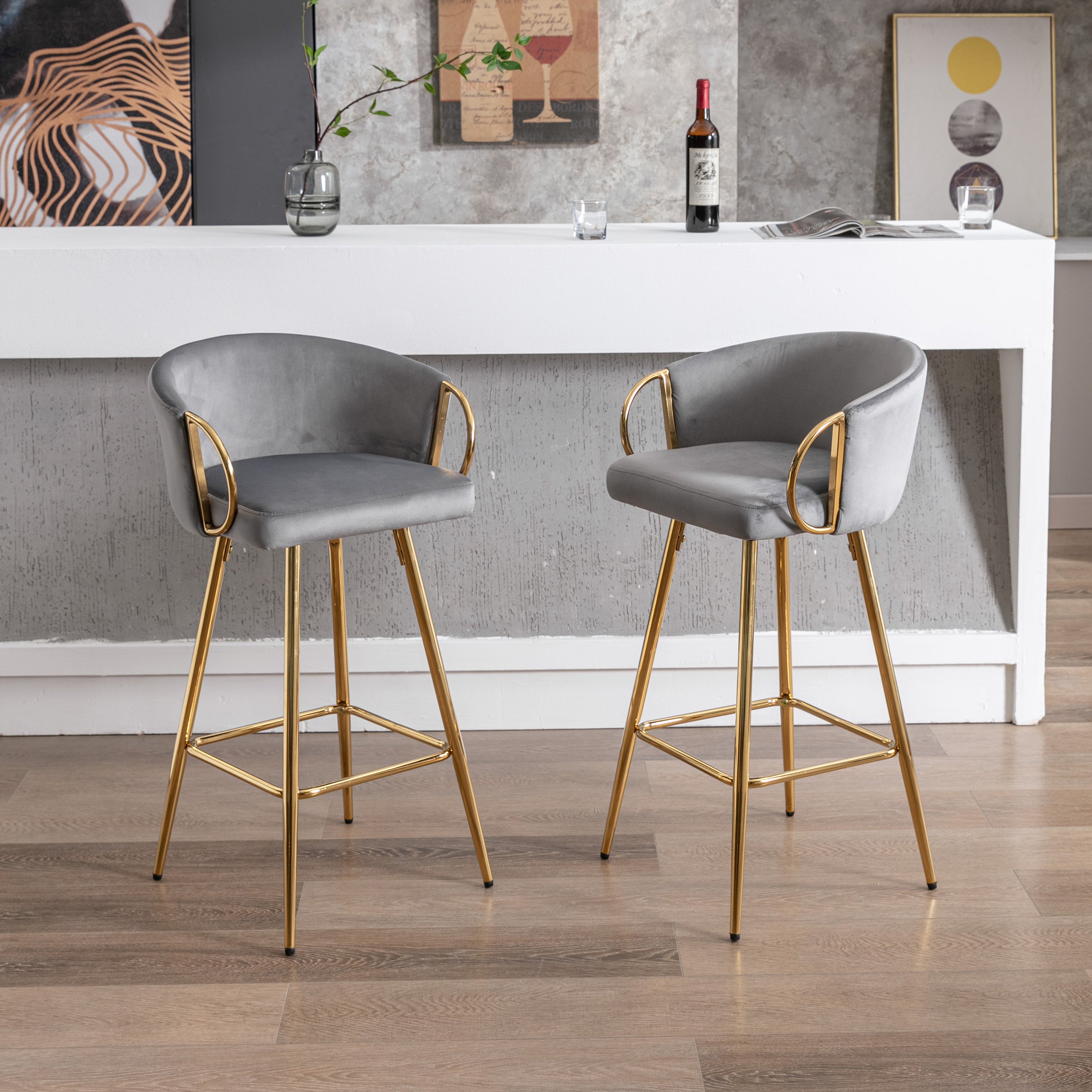 2-Pack 30 Inch Bar Stools, Velvet Seat, Chrome Base & Golden Legs - Gray