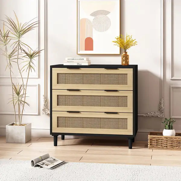 Rattan Storage Cabinet with 3 Drawers - Black - Bedroom, Living Room & More