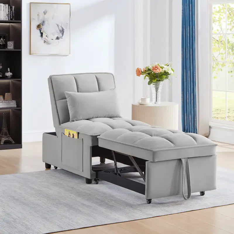 Gray Single Sofa Bed with Storage - 4-in-1 Convertible Chaise Lounge