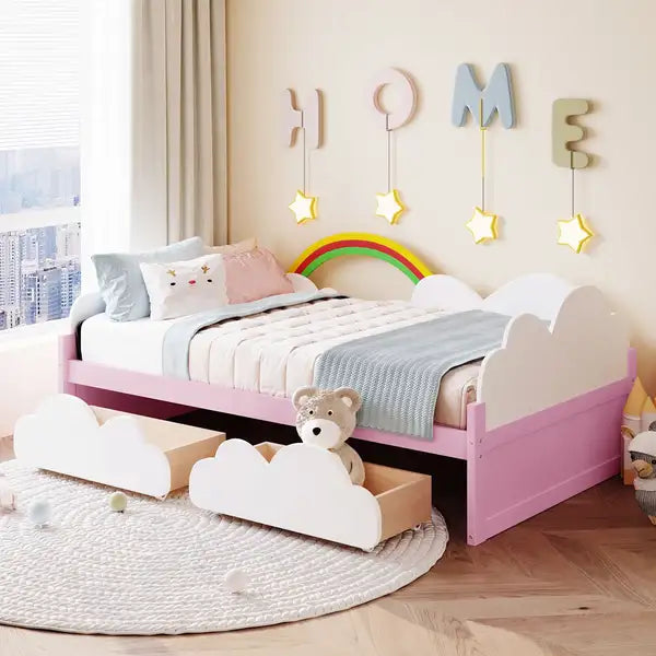 Twin Size Bed with Clouds & Rainbow - Kids Bedroom Furniture