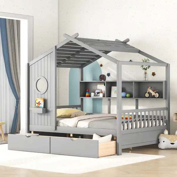 Full Size House Bed with Storage - Wooden Kids Bed, Gray, 2 Drawers