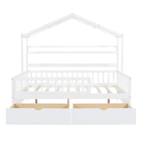 Full Size Wooden House Bed with Storage - White - Kids Bed with 2 Drawers - Minihomy