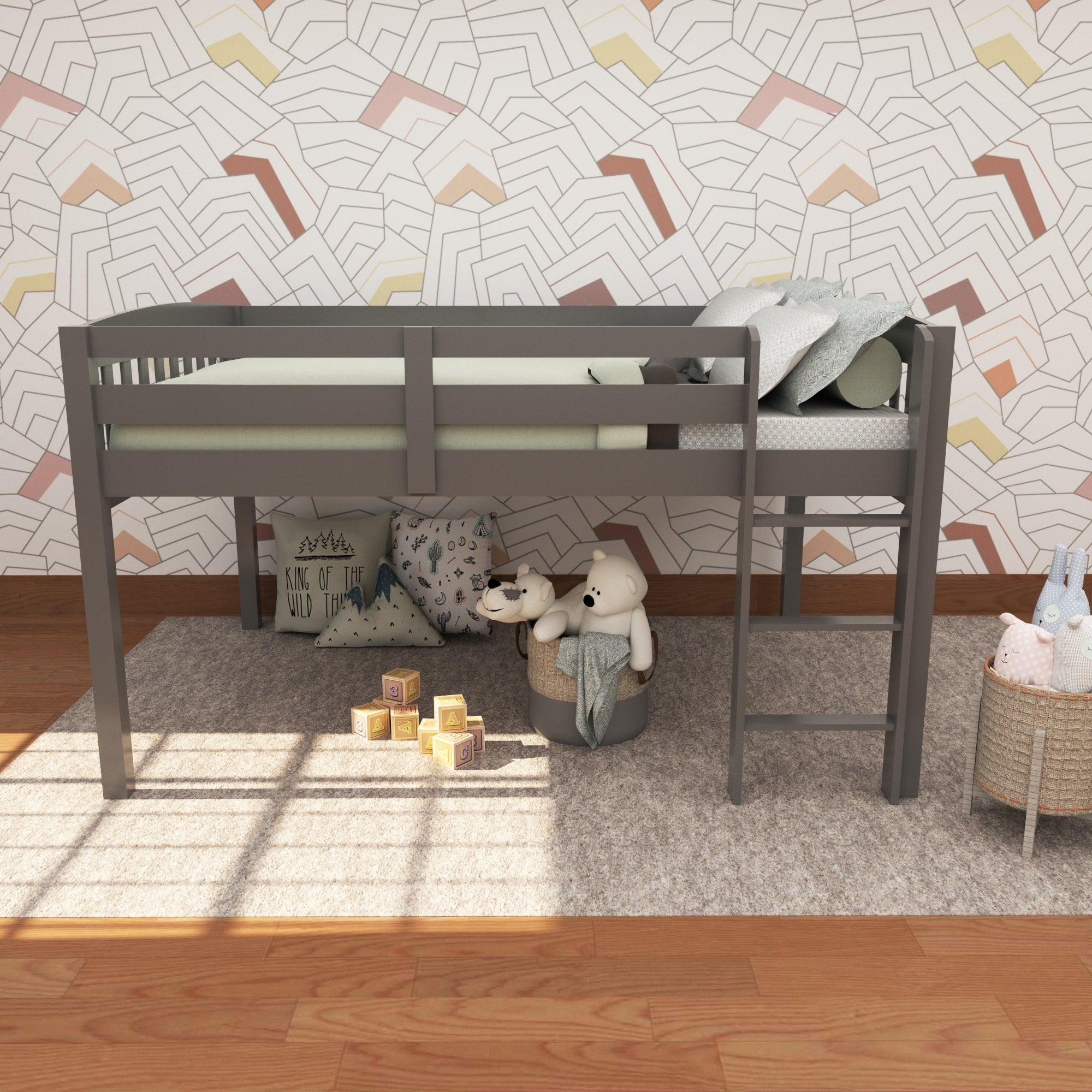 Grey Loft Bed with Storage | Full Size Kids Bed with Stairs - Solid Wood, No Box Spring Needed