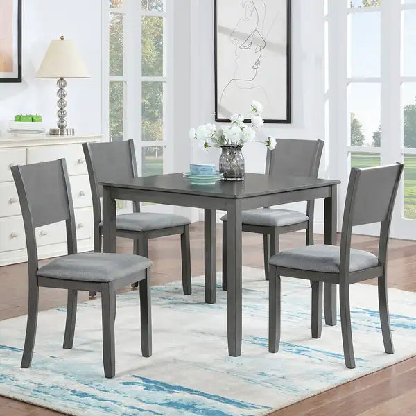 Modern 5 Piece Dining Set, Square Wooden Table & 4 Upholstered Chairs, Gray - Kitchen & Dining Room