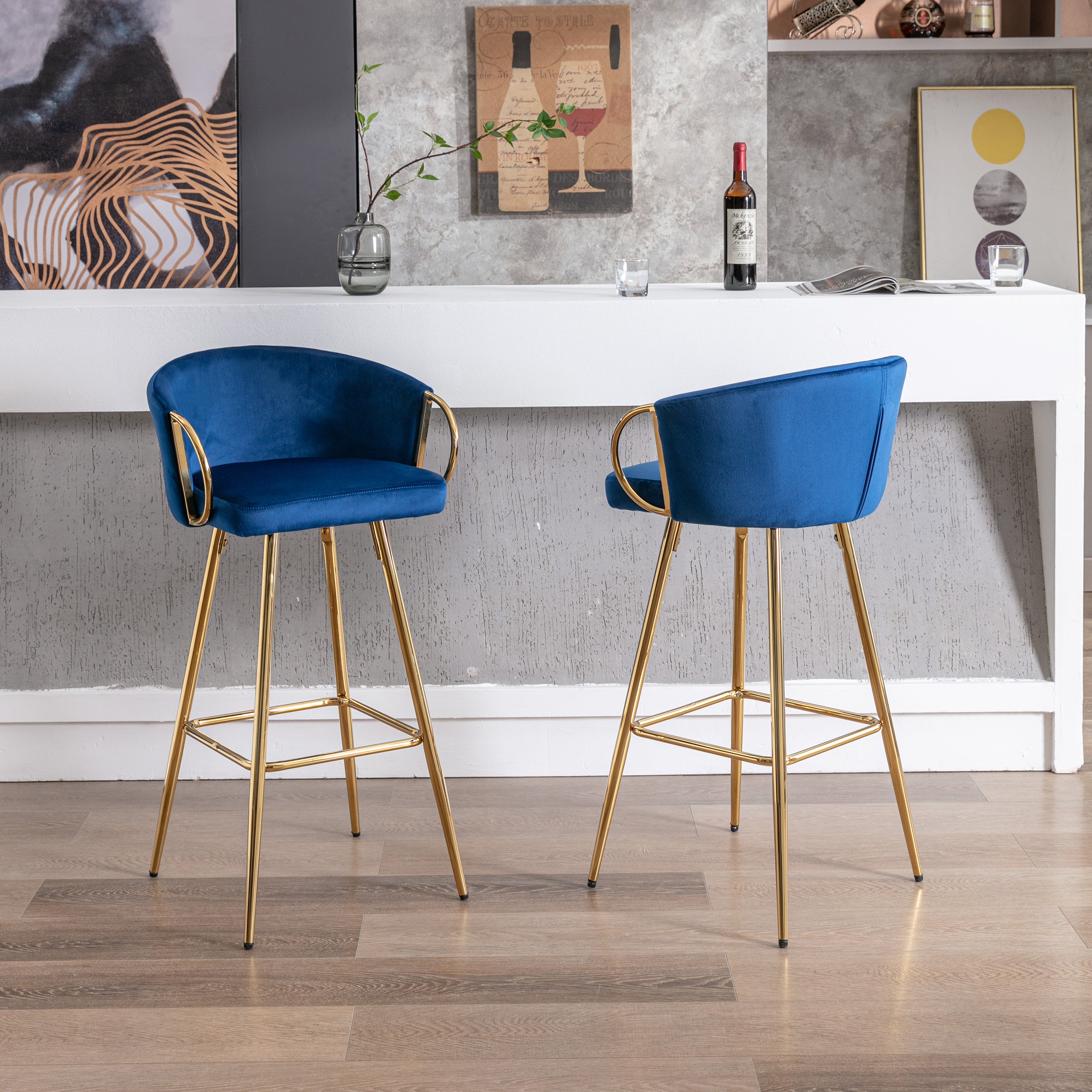 2-Pack 30" Velvet Bar Stools with Chrome Footrest & Gold Legs - Blue