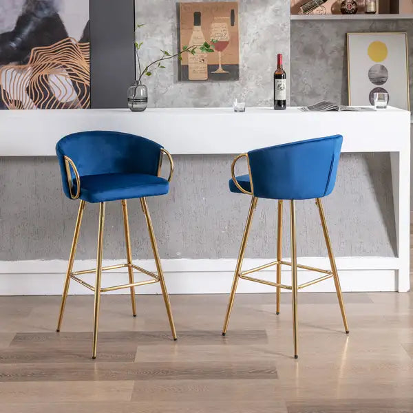 2-Pack 30" Velvet Bar Stools with Chrome Footrest & Gold Legs - Blue - Minihomy