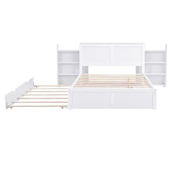 Full Size Platform Bed with Pull Out Shelves & Twin Trundle - White - Minihomy