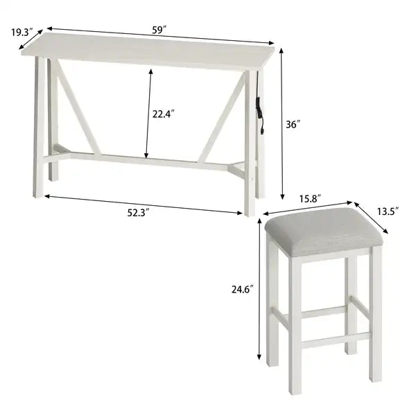 5-Piece Beige Dining Table Set with Power Outlets & Upholstered Stools - Easy Assembly - Minihomy