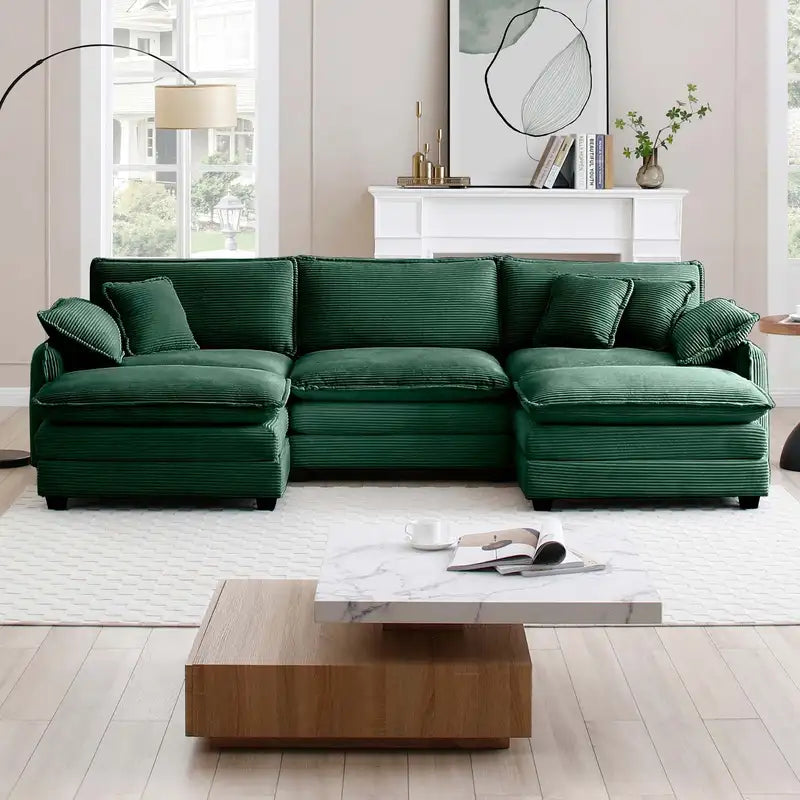 Oversized Modular Corduroy Sofa with Ottoman & 2 Footstools - Green