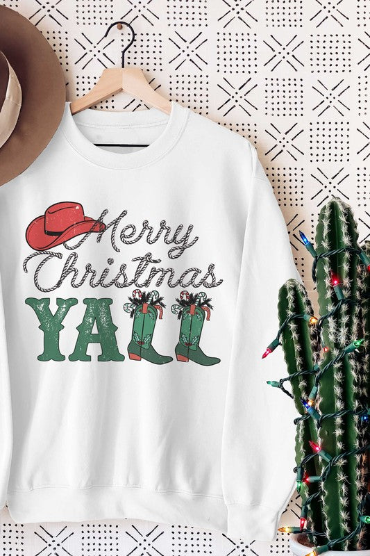 Merry Christmas Y'all Cowboy Boots Graphic Crewneck