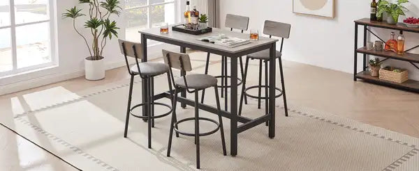 Grey Bar Table Set with 4 Bar Stools - PU Soft Seat, Backrest, 47.24" L - Minihomy