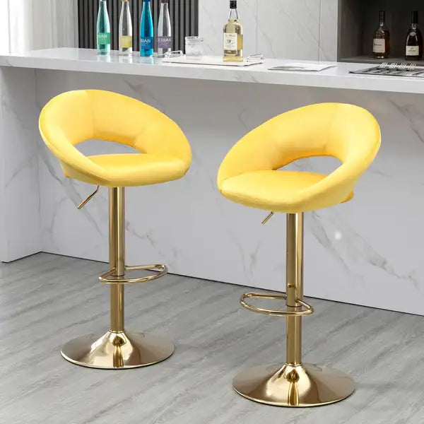 Yellow Velvet Swivel Bar Stools Set of 2 - Adjustable Counter Height Dining Chairs