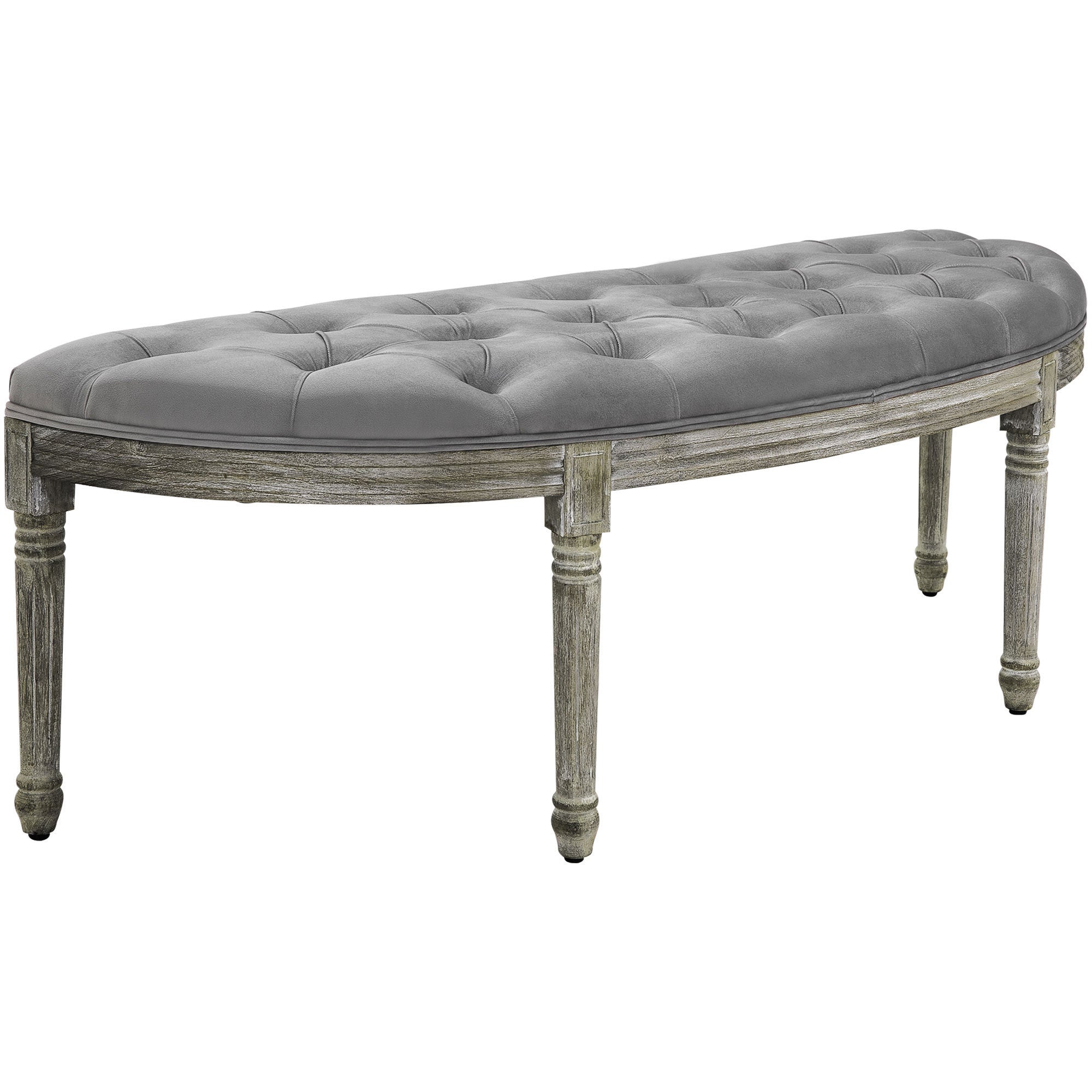 Gray Velvet Tufted Bench - Vintage Semi-Circle Bedroom Entryway Seat with Rubberwood Legs