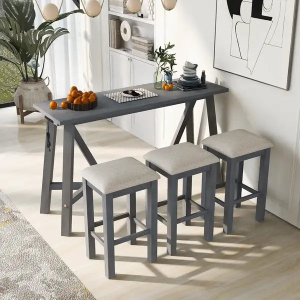 TREXM Multipurpose Kitchen Dining Bar Table Set with 3 Upholstered Stools (Gray)