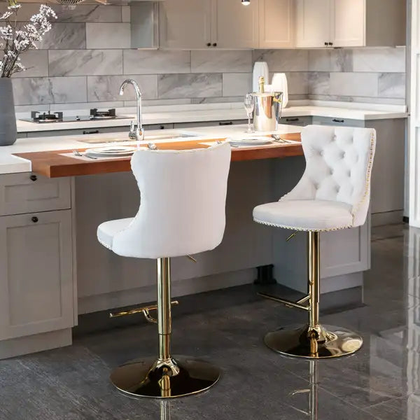 Beige Velvet Swivel Barstools, Adjustable Height, Modern Upholstered with Backs, Set of 2 - Minihomy