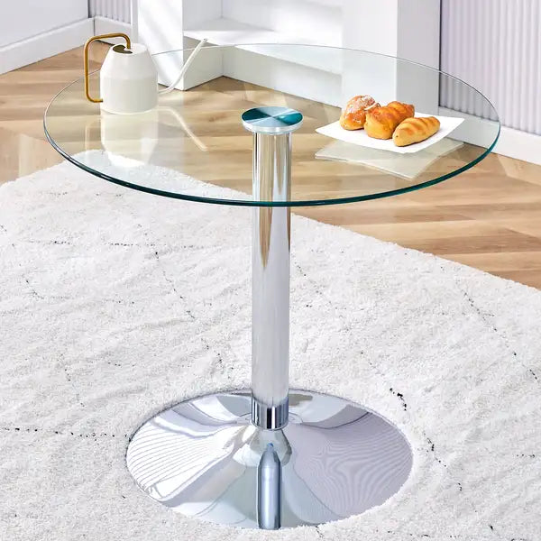 35" Round Glass Dining Table with Silver Metal Legs - Modern Minimalist DT-1166 (Restaurants, Living Rooms, Conference Rooms)