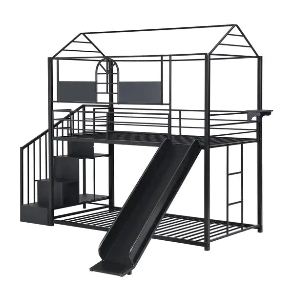 Metal Bunk Bed with Slide, Steps & Ladder - Kids Twin Size Bunk Beds