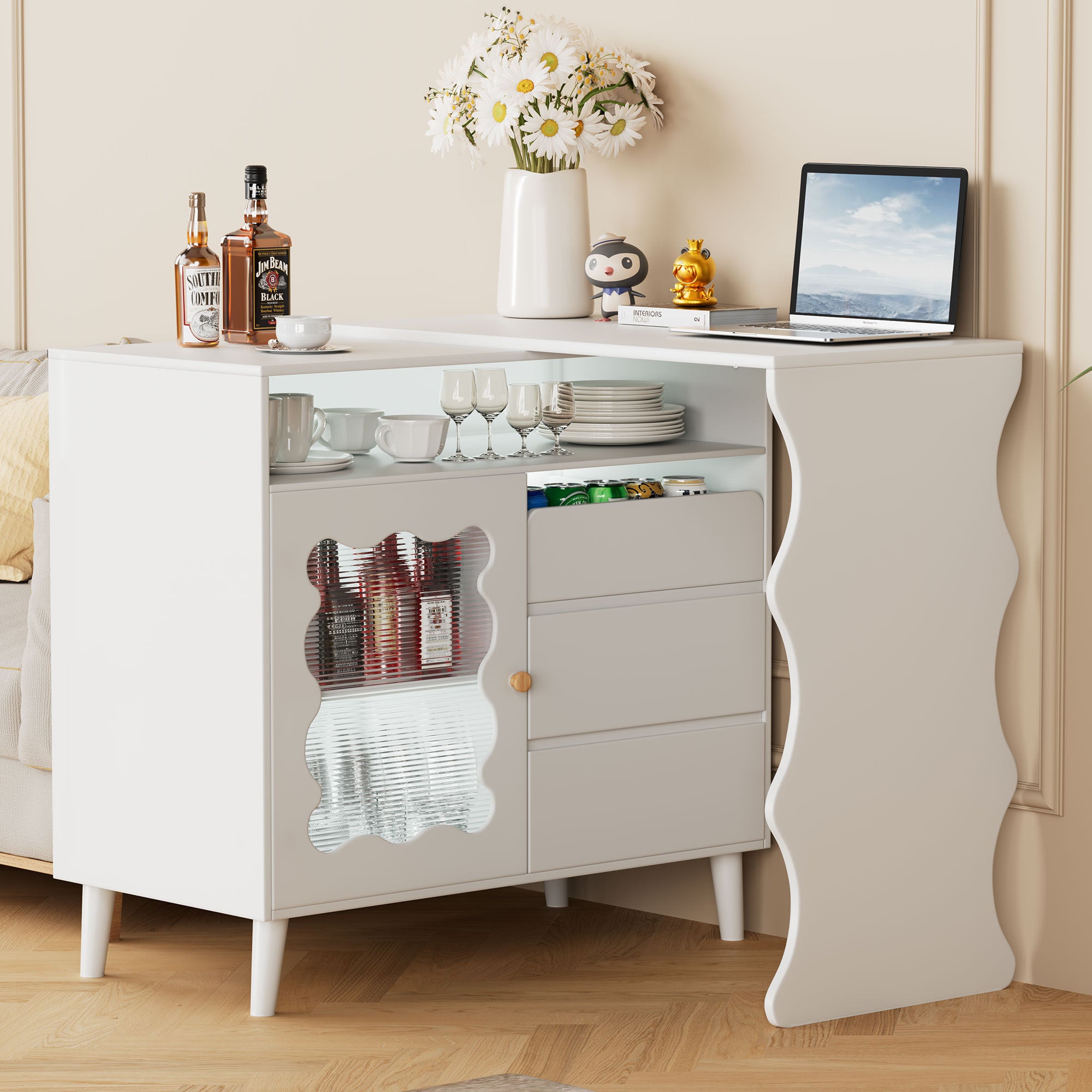 L-Shaped Farmhouse Sideboard Buffet Cabinet with Drawers & Shelves - 41"-79" Microwave Stand, Coffee Bar Storage