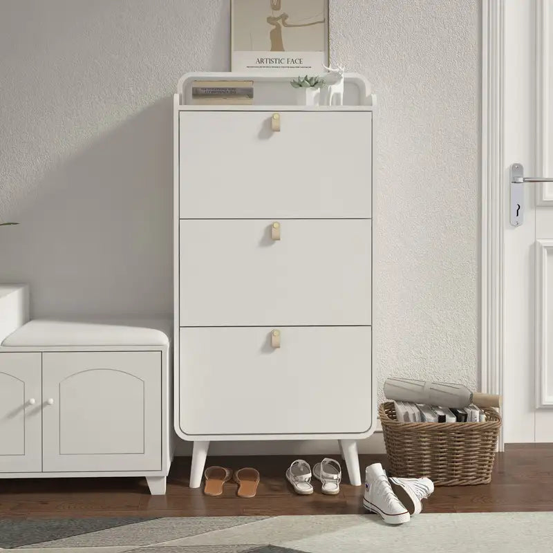 White Shoe Cabinet with 3 Drawers - Modern Arc Design Entryway Storage