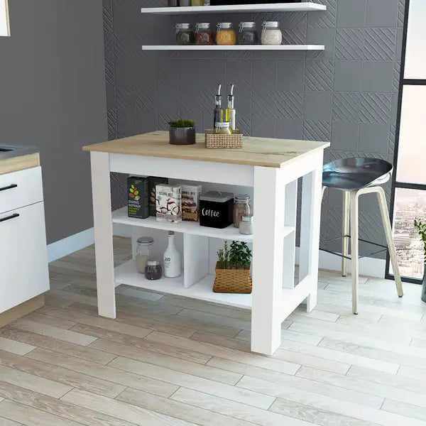 Rockaway 3-Shelf Kitchen Island - White & Light Oak