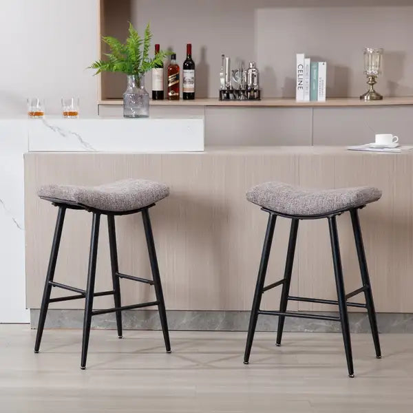 Modern Bar Stools Set of 2 - Linen Fabric, Armless, Counter Height, Metal Legs, Footrest - Minihomy