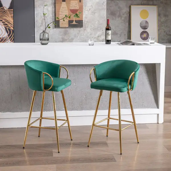 Set of 2 Green Velvet Bar Stools with Chrome Footrest and Gold Legs - 30 Inch