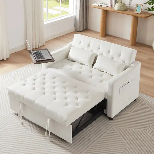 Cream Velvet Sofa Bed - Convertible Couch with Storage