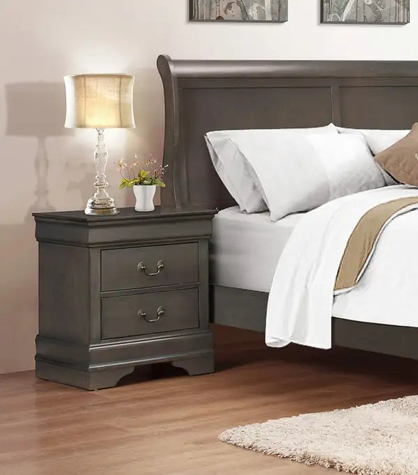 Gray Nightstand with 2 Drawers | Louis Philippe Style Bedroom Furniture - Minihomy