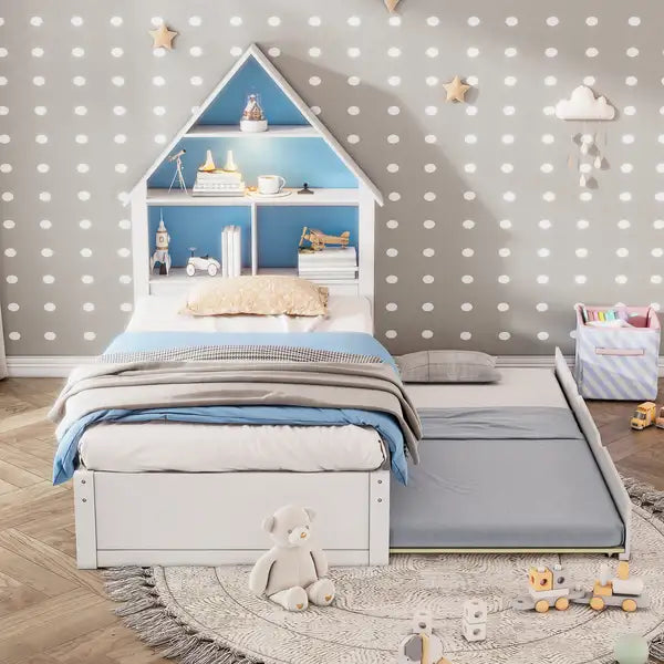 Twin House Bed with Bookcase, LED Light & Trundle - Blue/White for Kids