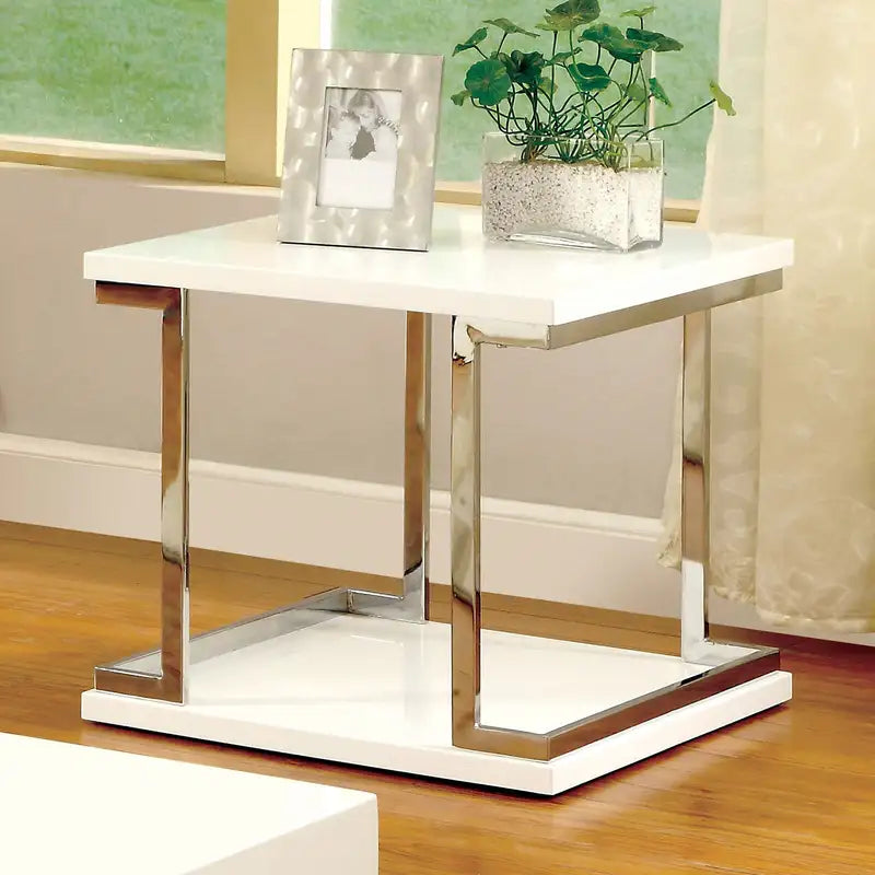 White Gloss End Table with Chrome Accents - Modern Living Room Furniture