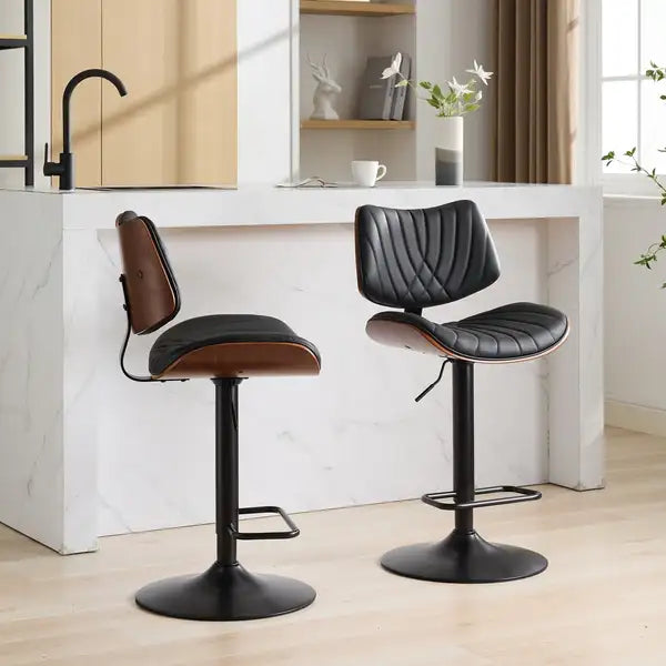 Black Leather Swivel Bar Stools, Mid Century Modern Adjustable Counter Height for Kitchen & Dining Room - 1 Chair - Minihomy