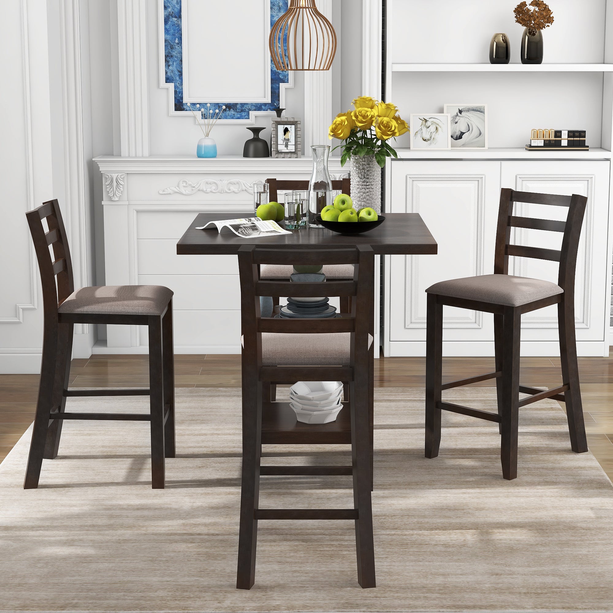 TREXM 5-Piece Wooden Counter Height Dining Set with Storage (Espresso)