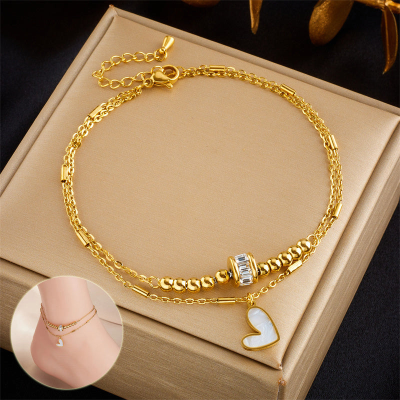 Boho Ankle Chain for Women - Double Layer Heart Charm Tassel Leg Chain Bracelet