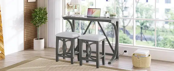 Farmhouse Counter Height Dining Set, 3-Piece with USB Port & Upholstered Stools, Gray - Minihomy