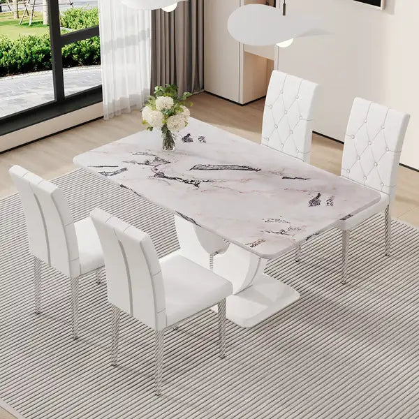 Modern White Marble Dining Table and Chair Set for Restaurant or Living Room - F-1280 - Minihomy