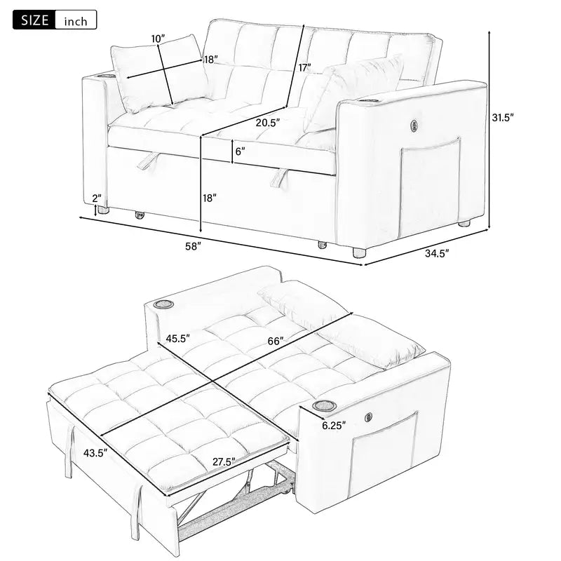 Multi-Functional Sofa Bed (58", 4-in-1, Cup Holder, USB) - Black