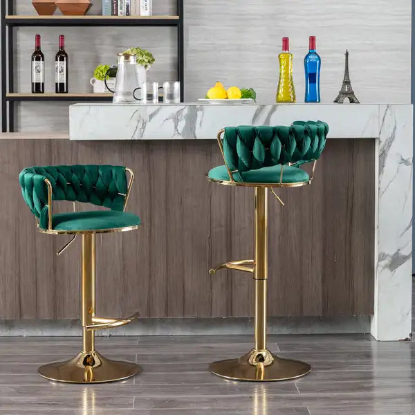 Swivel Bar Stools Set of 2, Height Adjustable, Velvet Upholstery, Green with Gold Legs