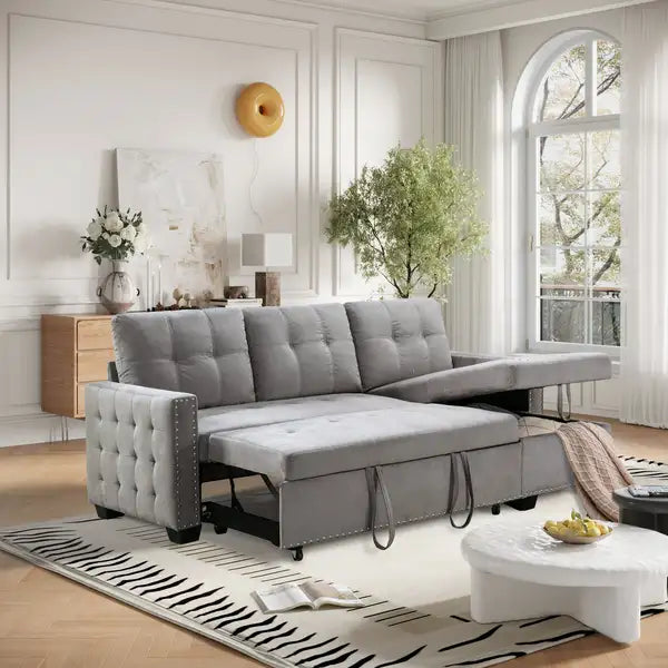 77" Reversible L-Shaped Sectional Sleeper Sofa with Storage - Light Grey Velvet