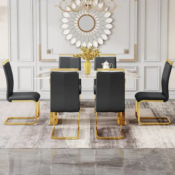 Gold Metal Dining Table & Chair Set - Rock Plate Top, Modern Simple Design, Comfortable Seating - Minihomy