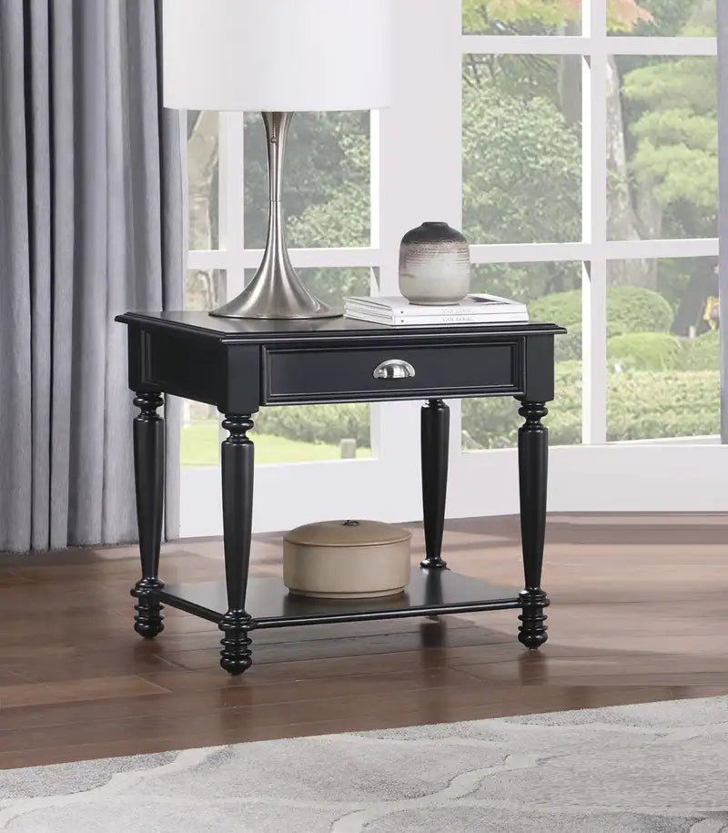 Black End Table with Drawer & Shelf - Classic Wooden Side Table