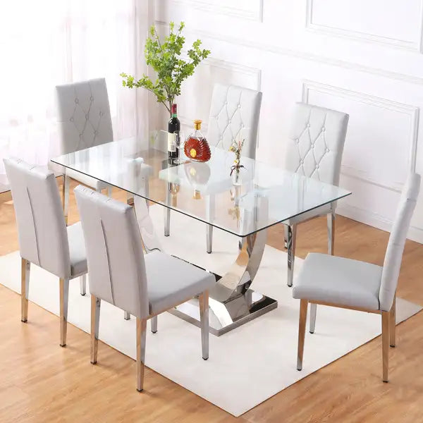 Modern Dining Table & Chair Set - Tempered Glass Top, Silver Legs, Comfortable Chairs