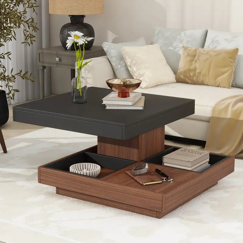 Modern Rotating Coffee Table with Storage - 27.5" Square, Black