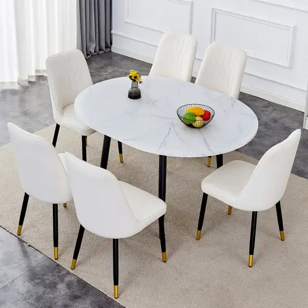 Modern Extendable Dining Table Set with 6 Chairs - Telescopic Design, Black Metal Legs, PU Cushions