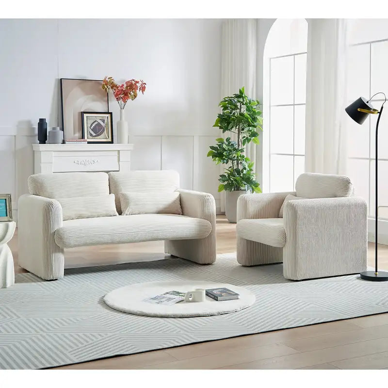 Modern 60" Corduroy Sofa & Loveseat Set w/ Pillow - Apartment, Office, Living Room