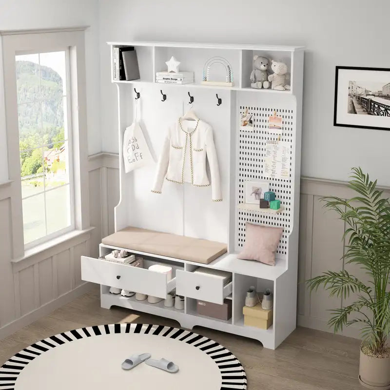 White Hall Tree with Bench, Coat Rack & Storage - Entryway Organizer