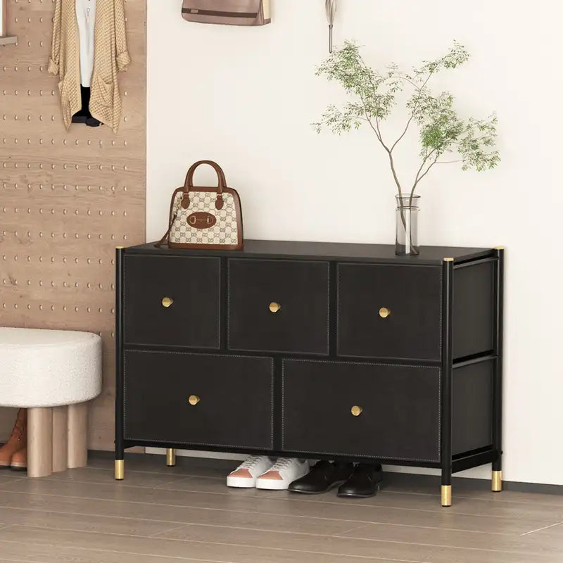 5-Drawer PU Leather Dresser with Fabric Bins - Black Storage Tower