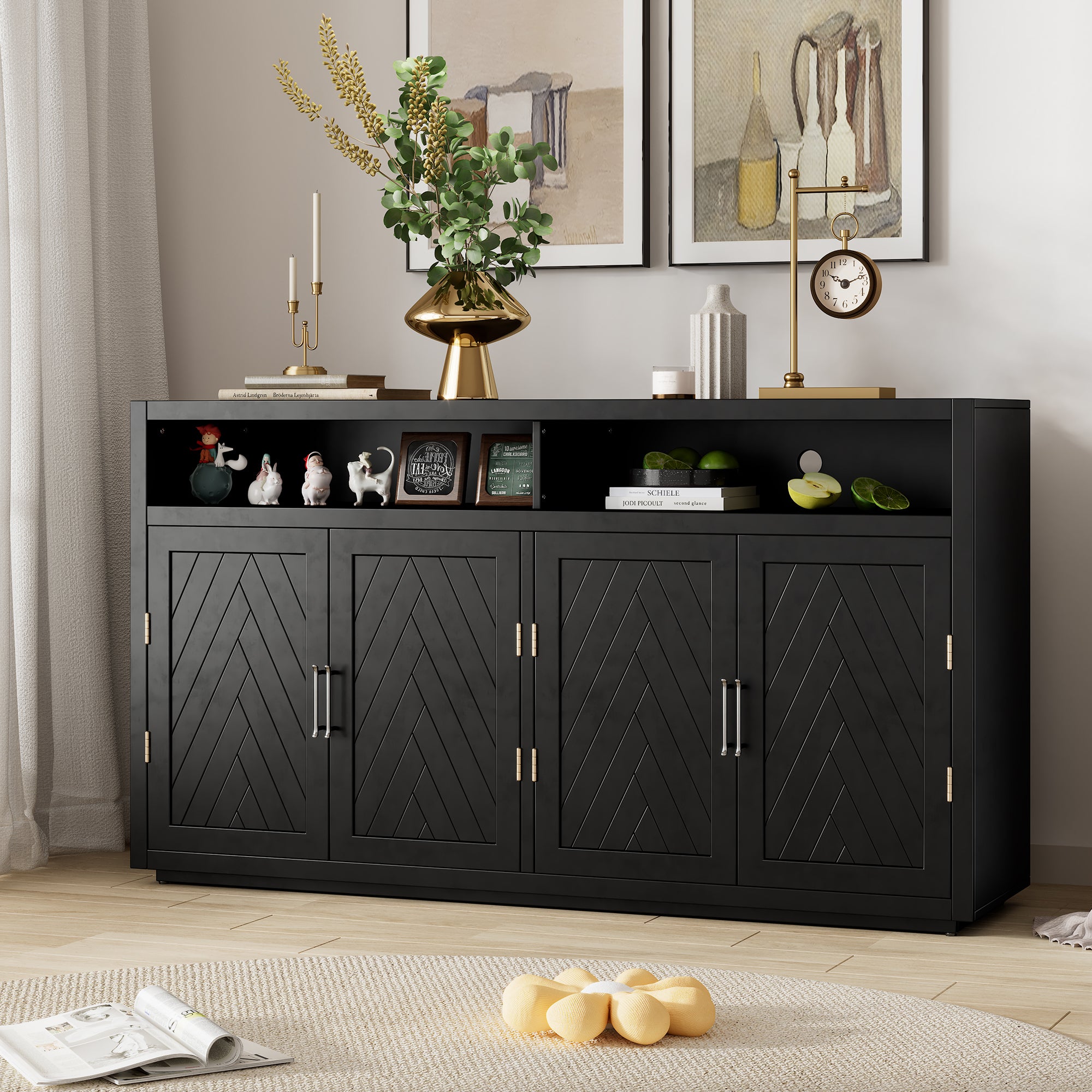 TREXM 4-Door Classic Sideboard - Open Storage, Adjustable Shelves (Black) - Kitchen & Living Room Furniture