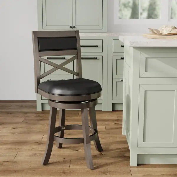 24" Weathered Gray Counter Height Swivel Stool with Black Leather Seat - Minihomy