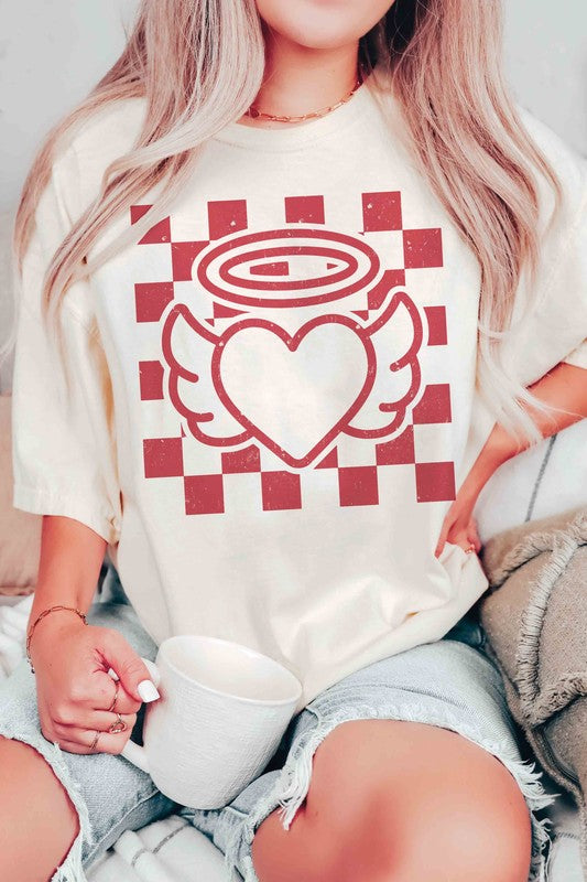 Plus Size - Checkered Angel Heart Graphic T-Shirt
