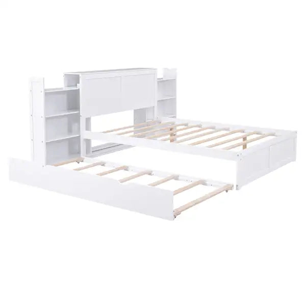 Full Size Platform Bed with Pull Out Shelves & Twin Trundle - White - Minihomy